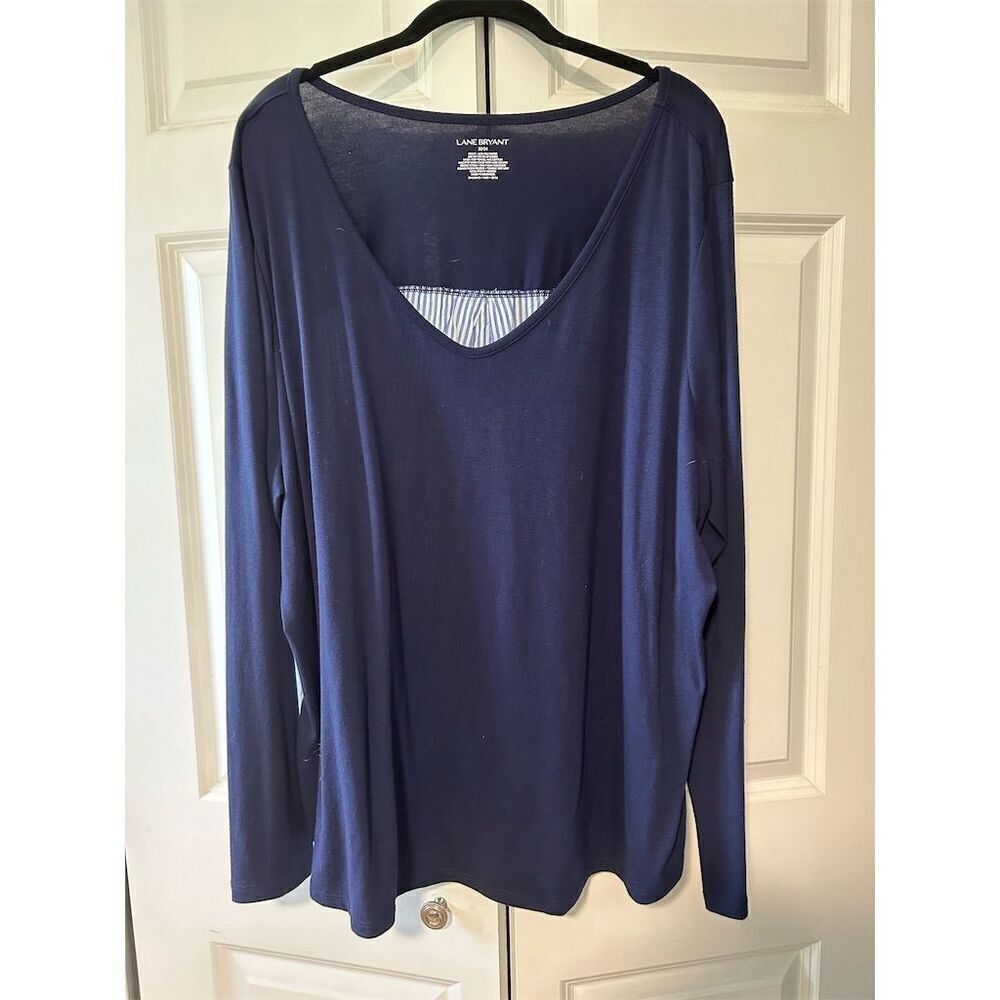 Lane Bryant Women's Plus Size 22 Blue Striped V-Neck Long Sleeve Blouse
